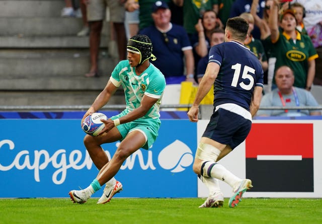 South Africa’s Kurt-Lee Arendse scores against Scotland (Mike Egerton/PA)