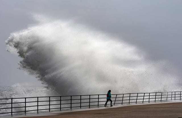 Huge waves smash against the sea front at Whitley Bay in North Tyneside on May 31 2024 