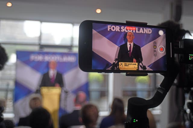 Scottish National Party leader John Swinney gives a speech at the launch of the the SNP’s campaign in Edinburgh. Mr Swinney is an MSP so will not be standing for a Westminster seat 