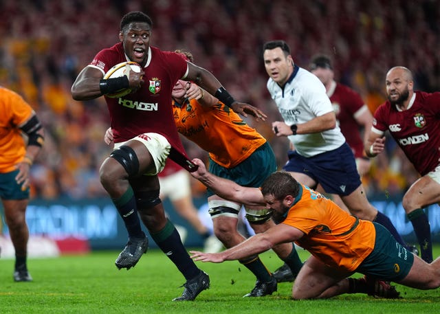 Lions captain Maro Itoje is tackled by Australia’s Harry Wilson