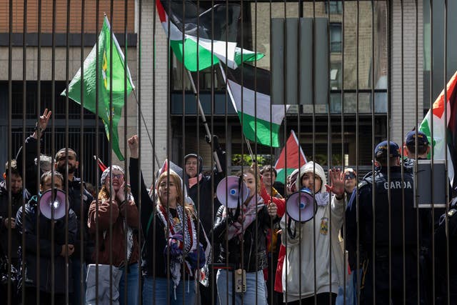 Pro-Palestine supporters demonstrate outside the Dublin Royal Convention Centre