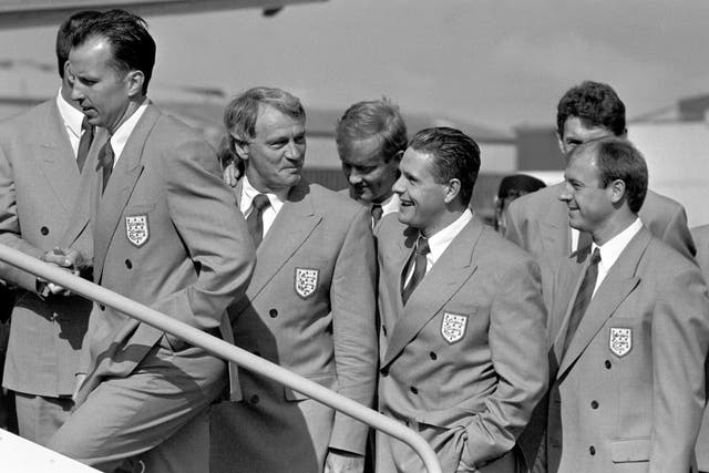 England manager Bobby Robson (2nd left) and Paul Gascoigne (3rd left) board the plane taking England to the 1990 World Cup