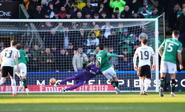 Plymouth striker Ryan Hardie scores a penalty against Liverpool