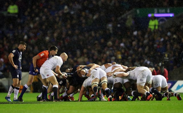 Scotland and England scrum down at a rainy Murrayfield