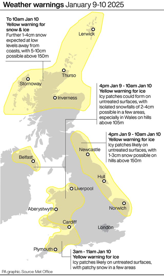 A PA graphic showing weather warnings for January 9 and 10 across the UK