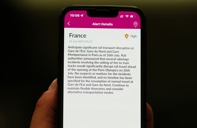 An alert received via the RSA Travel Assistance app, on a mobile phone in Paris. 