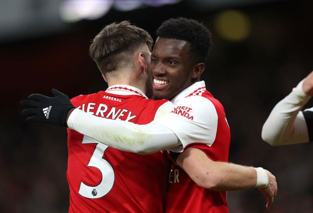 Arsenal’s Eddie Nketiah, right, celebrates scoring 