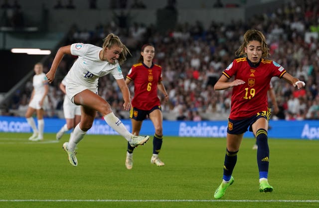 Georgia Stanway scoring her extra-time winner for England against Spain (Gareth Fuller/PA).