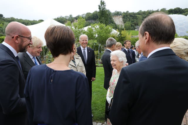 The Queen attends a reception at the Eden Project with Prime Minister Boris Johnson and G7 leaders during the G7 summit in Cornwall