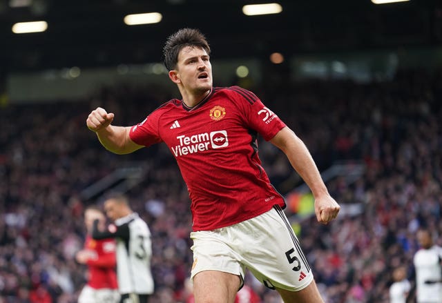 Manchester United’s Harry Maguire celebrates scoring their side’s first goal against Fulham