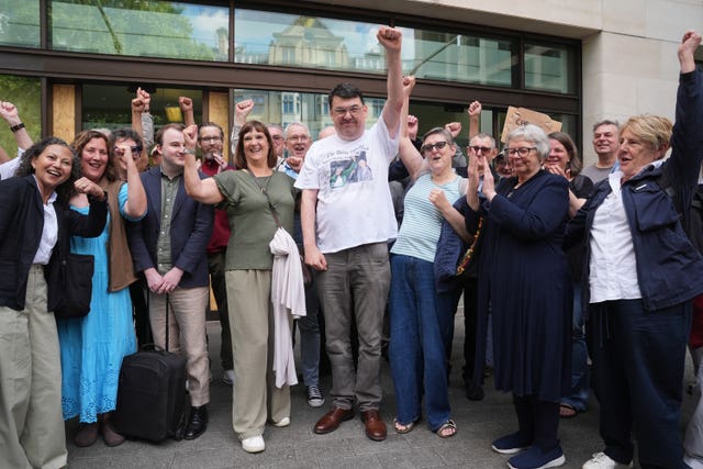 Graham Linehan, centre, with supporters outside Westminster Magistrates’ Court