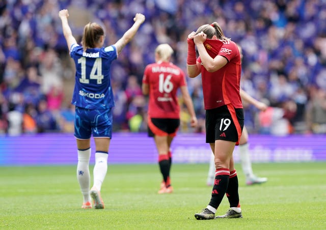 Chelsea celebrate while Manchester United look dejected at the Women's FA Cup final