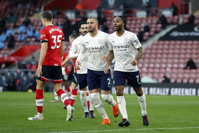 Manchester City's Raheem Sterling celebrates scoring a goal against Southampton.