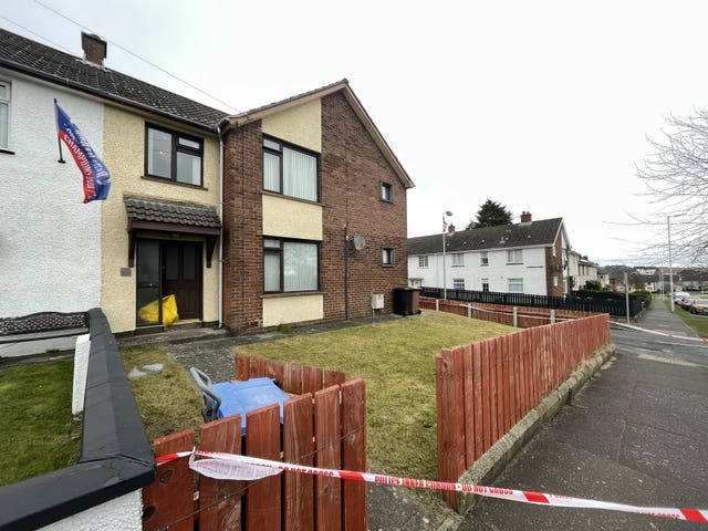 The scene at a residential property in Derrycoole Way, Newtownabbey, after police launched a murder investigation