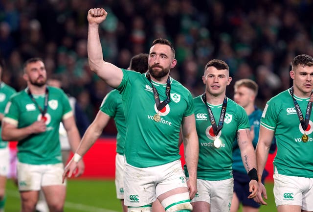 Jack Conan celebrates Ireland's Six Nations title win in 2024