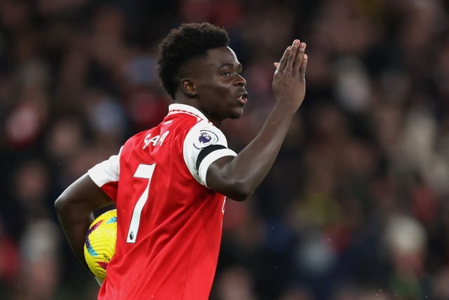 Arsenal’s Bukayo Saka celebrates scoring 