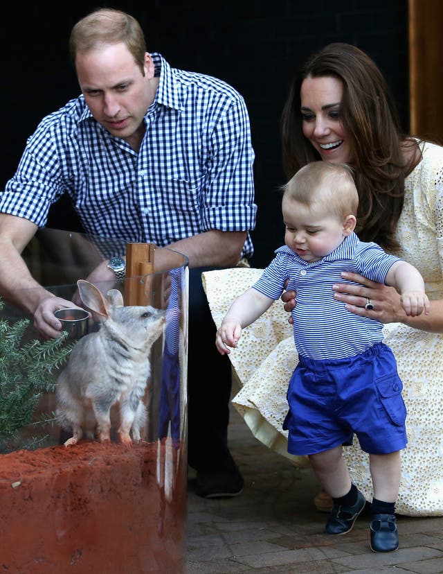 William, Kate and Prince George meet a Bilby called George at Taronga Zoo in Sydney, Australia in 2014 