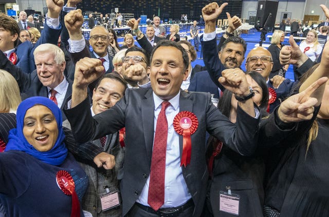 Anas Sarwar celebrating with Labour members at the Glasgow election count