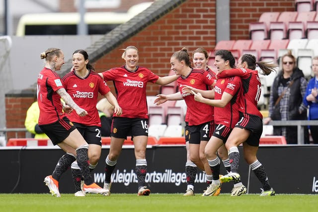 Manchester United’s Lucia Garcia celebrates scoring with her team-mates (Nick Potts/PA)