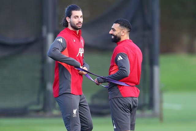 Liverpool’s Mohamed Salah with Dominik Szoboszlai at training