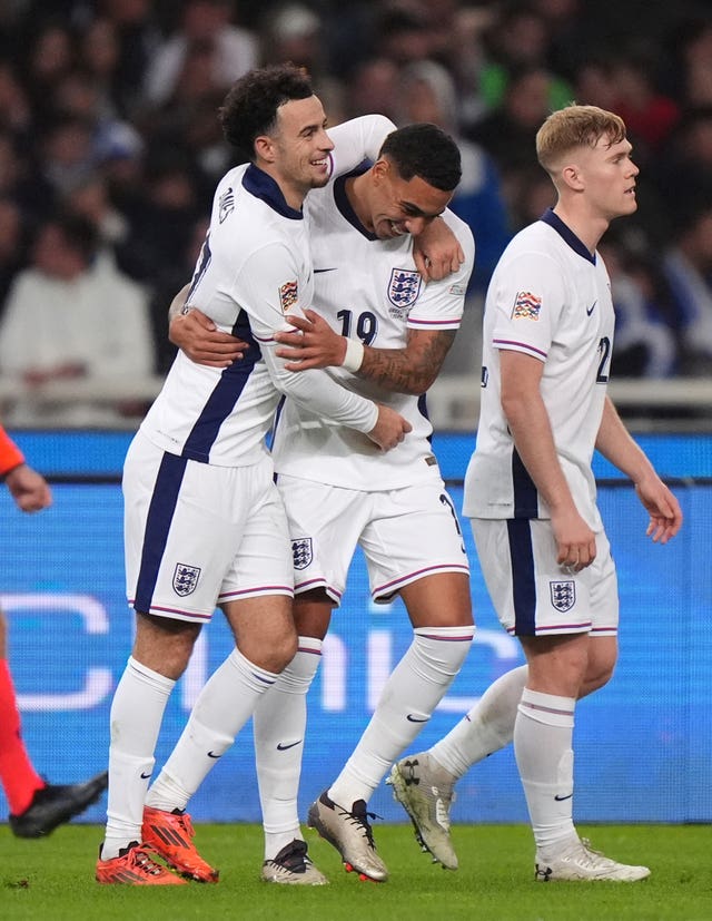 England’s Curtis Jones (left) celebrates after scoring against Greece