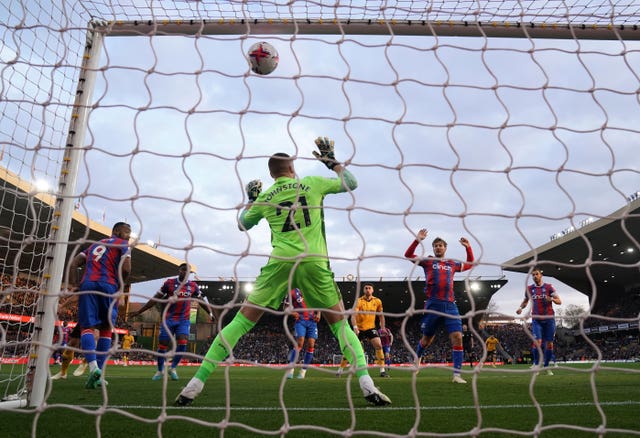 Crystal Palace’s Joachim Andersen, centre right, scores an early own goal