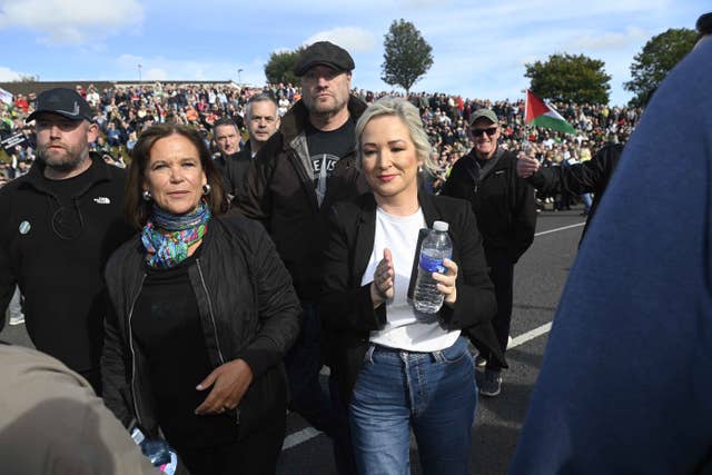 Mary Lou McDonald and Michelle O’Neill at a Garvaghy Road residents community event