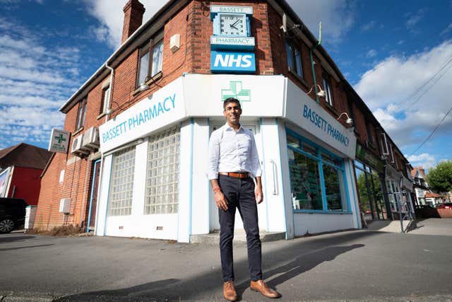 Rishi Sunak during a visit to his family’s old business, Bassett Pharmacy, in Southampton 