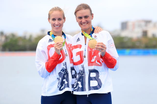 Great Britain’s Helen Glover (left) and Heather Stanning (right) celebrate winning gold in the women’s pair final in Rio