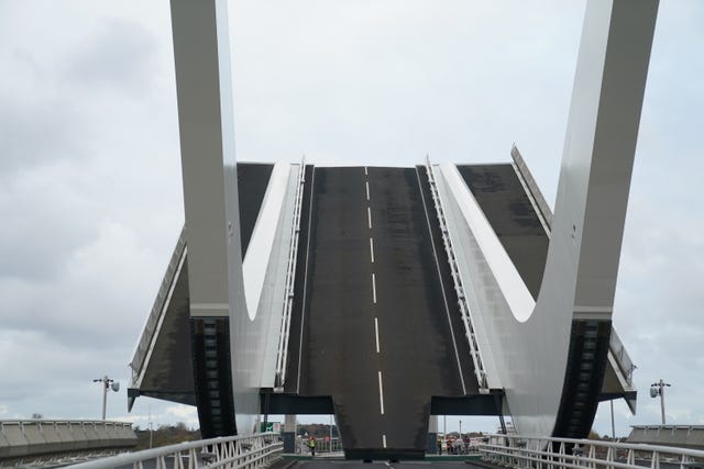 The Gull Wing Bridge in Lowestoft, Suffolk, is the largest rolling bascule bridge in the world, lifted using hydraulic cylinders. (Joe Giddens/ PA)
