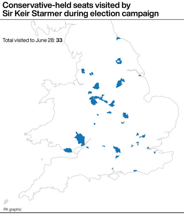 A map showing Conservative-held seats visited by Sir Keir Starmer during the election campaign 