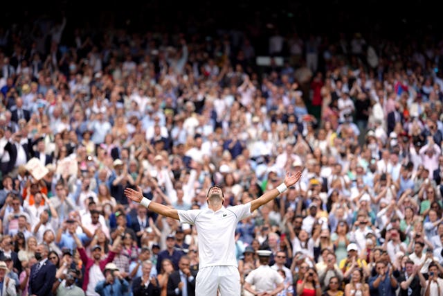 Novak Djokovic celebrates winning Wimbledon after a four-set win over Italian Matteo Berrettini. It was his sixth SW19 title