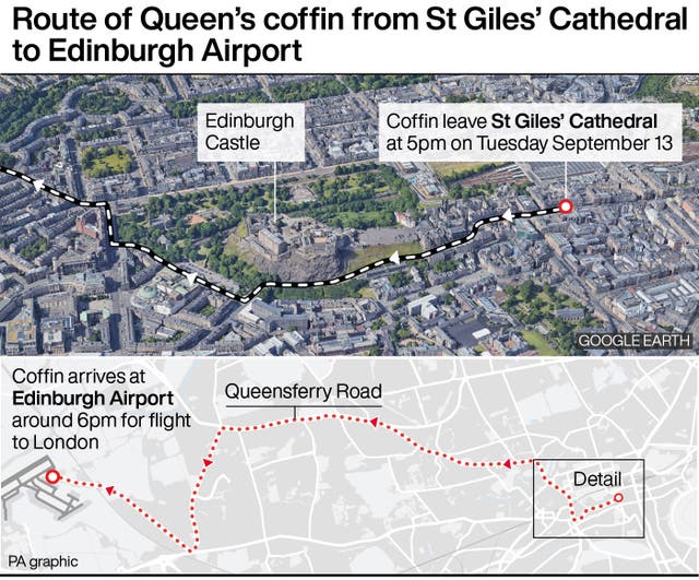 Route of Queen’s coffin from St Giles’ Cathedral to Edinburgh Airport