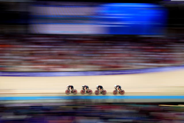 Team GB's women's team pursuit riders at the Velodrome