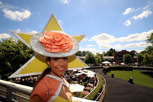 Tracy Rose wearing a striking hat at Royal Ascot (Nigel French/PA)