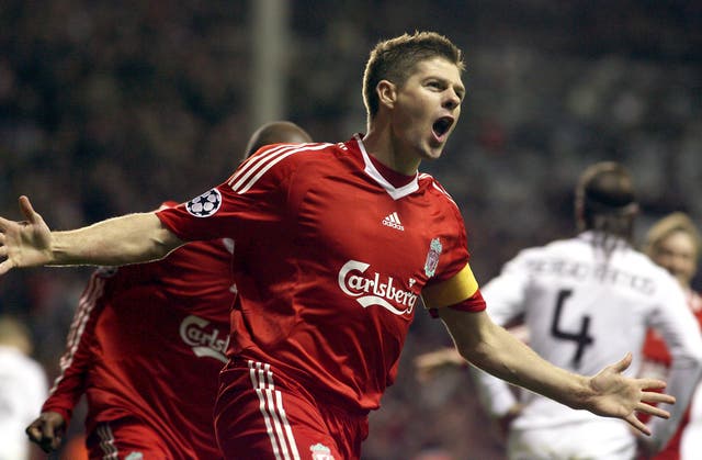 Steven Gerrard celebrates scoring Liverpool's third goal