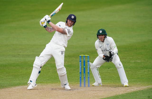 Ben Stokes, left, hits a six against Worcestershire