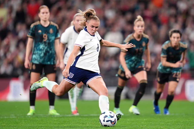 Georgia Stanway scores England’s first goal from a penalty