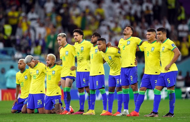 Brazil players appear dejected during their World Cup quarter-final penalty shootout defeat to Croatia. Neymar put the pre-tournament favourites ahead in extra-time by equalling Pele’s Brazil scoring record of 77 FIFA-registered goals. But Bruno Petkovic levelled for the 2018 runners-up with four minutes to play before Brazilian pair Rodrygo and Marquinhos  each failed from the spot