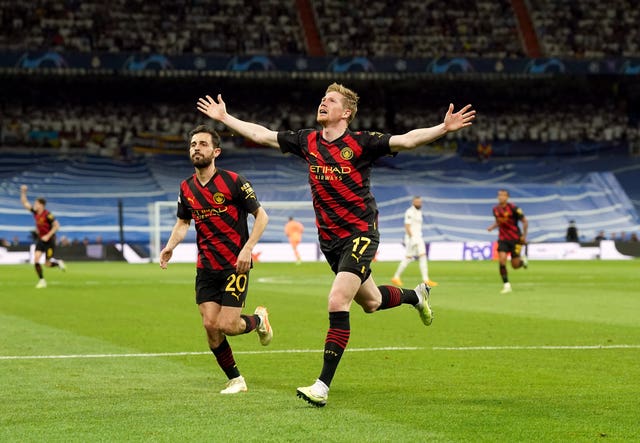 Kevin De Bruyne celebrates scoring against Real Madrid