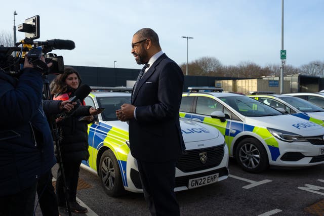 Home Secretary James Cleverly films a broadcast clip after meeting senior officers and leads of the Kent Violence Reduction Unit during a visit to a Kent police station