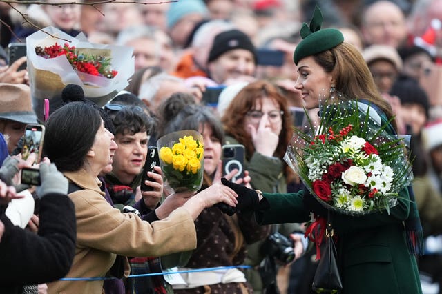 The Princess of Wales speaks to people after the Christmas Day church service at St Mary Magdalene Church in Sandringham