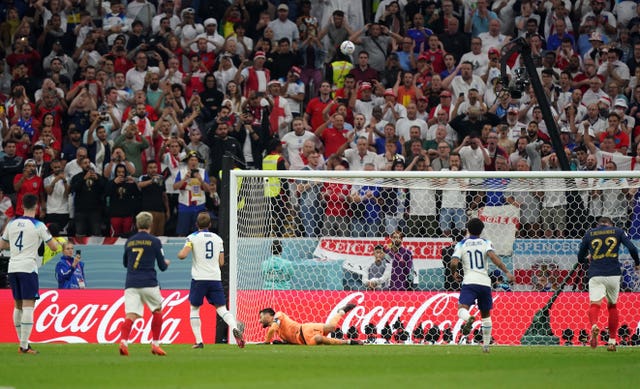 Harry Kane, centre left, misses from the penalty spot during the FIFA World Cup quarter-final against France