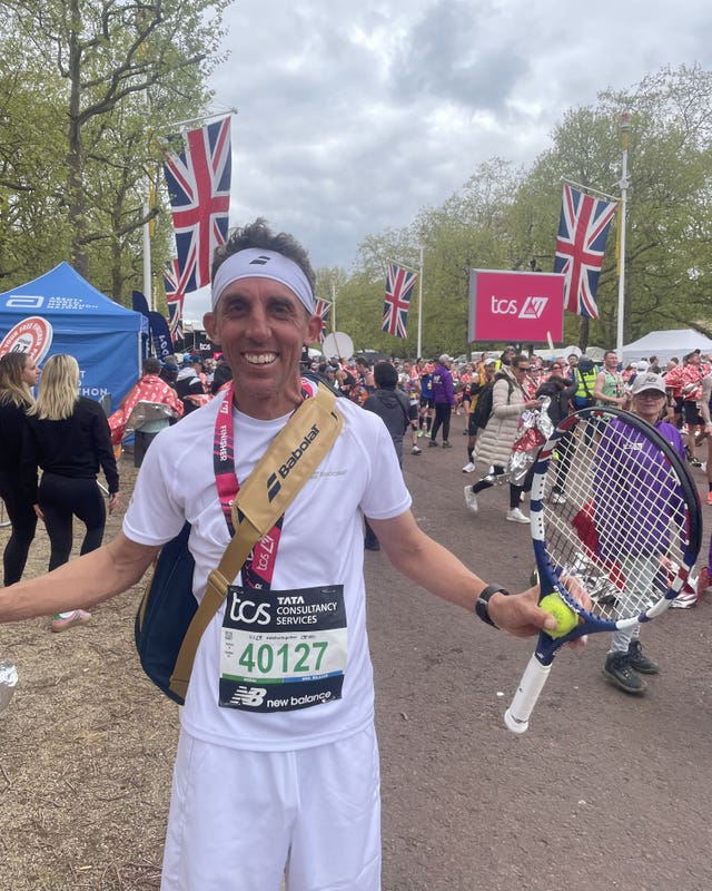 Sam Hull after finishing the TCS London Marathon dressed as a tennis player