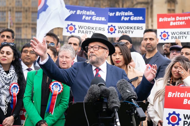 George Galloway speaking to the media at Parliament Square in central London, where he announced the selection of hundreds of Workers Party General Election candidates in April 