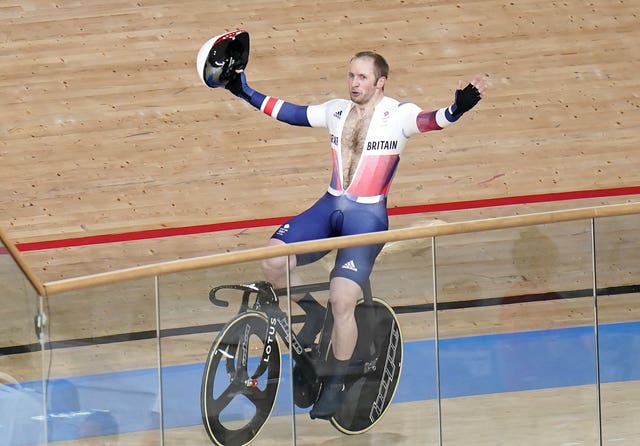 Jason Kenny celebrates after winning gold in the men's keirin