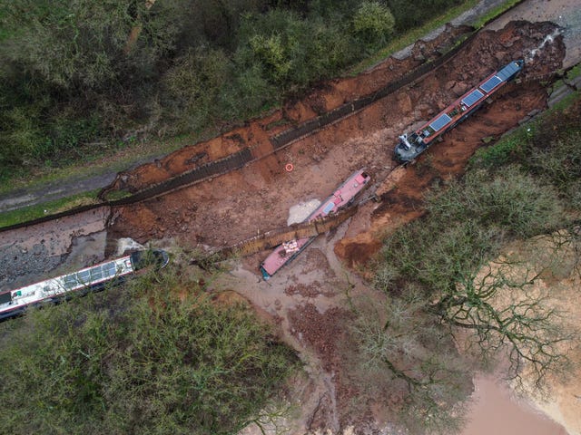 Drone shot of narrowboats at the site of the sinkhole