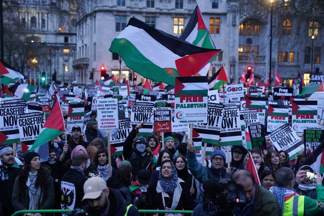 People take part in a Palestine Solidarity Campaign rally outside the Houses of Parliament, London 
