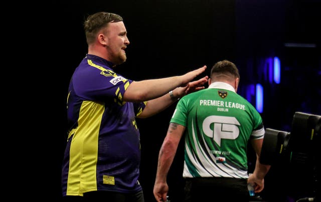 Luke Littler, pictured, reacts during his match against Gerwyn Price in the Premier League in Dublin