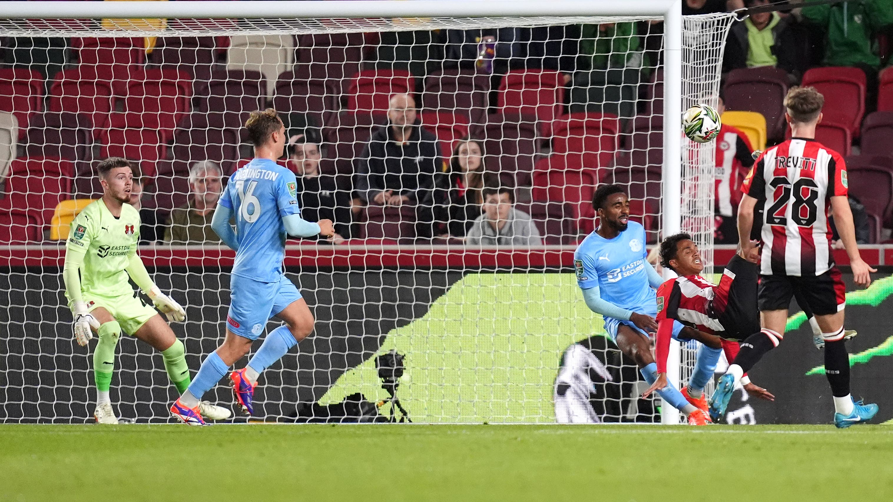 Fabio Carvalho (second left) scores Brentford’s equaliser (John Walton/PA)